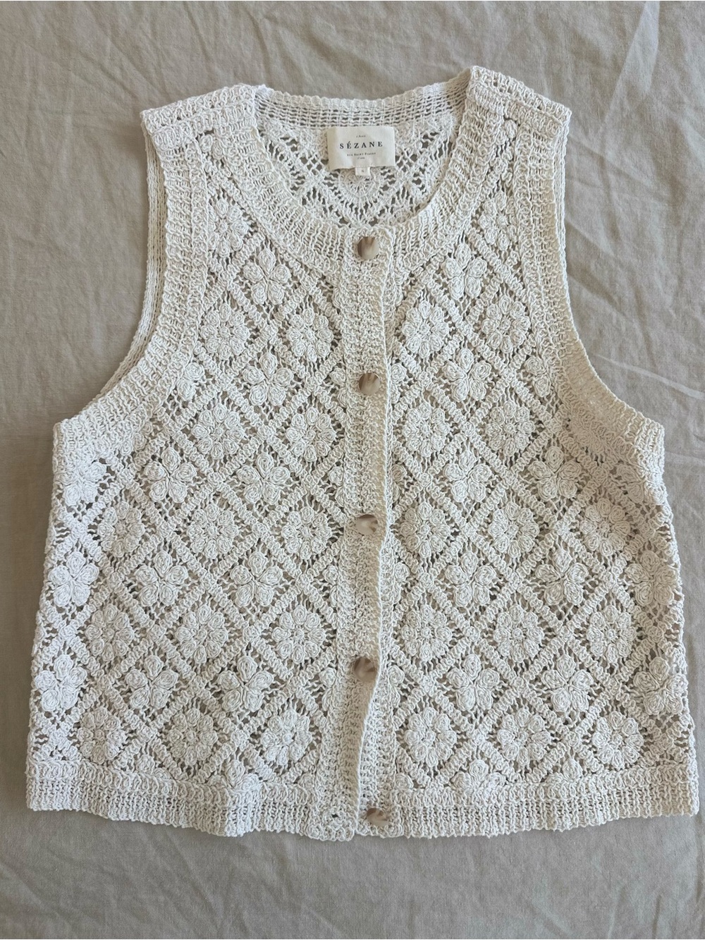 Sezane Ron Tank BlouseCrochet Knit Button Front Vest in Ecru - Picture 3 of 9